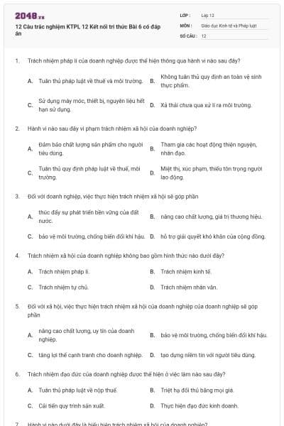 12 Câu trắc nghiệm KTPL 12 Kết nối tri thức Bài 6 có đáp án