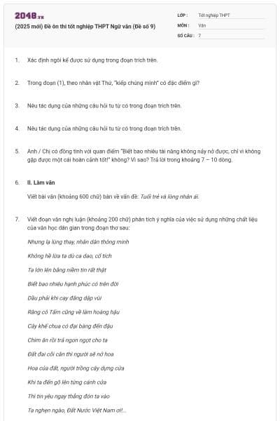 (2025 mới) Đề ôn thi tốt nghiệp THPT Ngữ văn (Đề số 9)