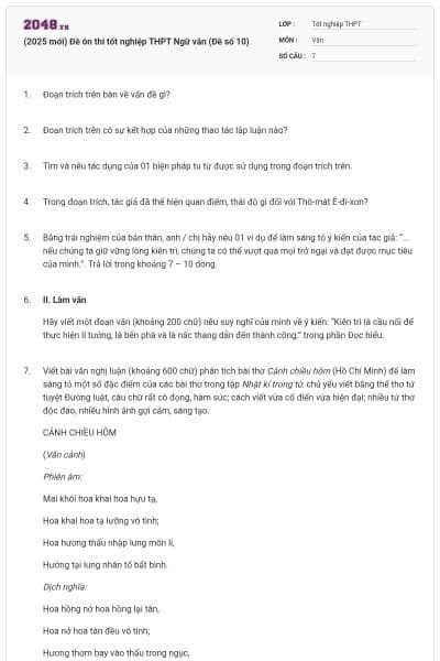 (2025 mới) Đề ôn thi tốt nghiệp THPT Ngữ văn (Đề số 10)