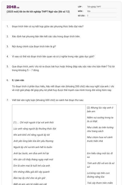 (2025 mới) Đề ôn thi tốt nghiệp THPT Ngữ văn (Đề số 12)