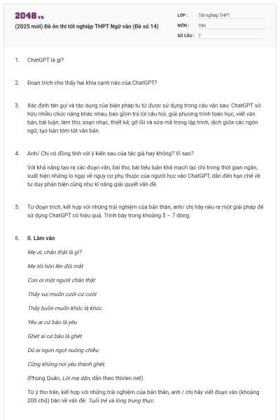 (2025 mới) Đề ôn thi tốt nghiệp THPT Ngữ văn (Đề số 14)