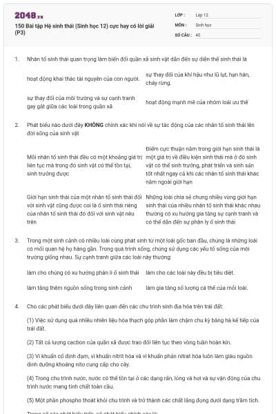 150 Bài tập Hệ sinh thái (Sinh học 12) cực hay có lời giải (P3)