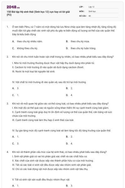 150 Bài tập Hệ sinh thái (Sinh học 12) cực hay có lời giải (P2)