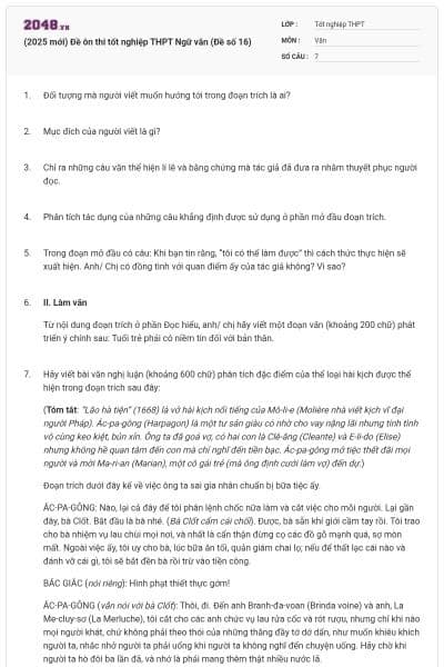 (2025 mới) Đề ôn thi tốt nghiệp THPT Ngữ văn (Đề số 16)