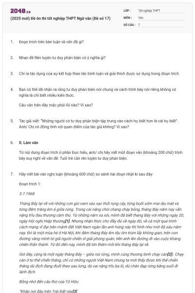 (2025 mới) Đề ôn thi tốt nghiệp THPT Ngữ văn (Đề số 17)