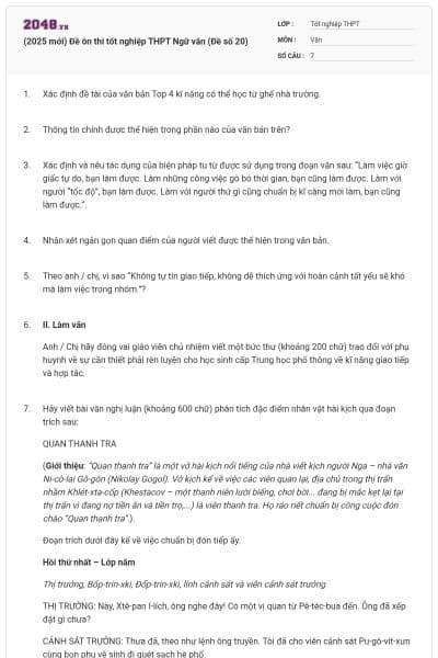 (2025 mới) Đề ôn thi tốt nghiệp THPT Ngữ văn (Đề số 20)