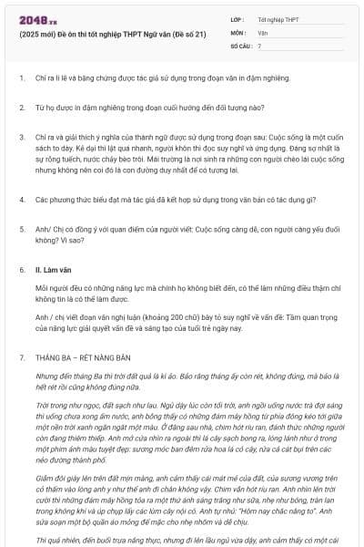 (2025 mới) Đề ôn thi tốt nghiệp THPT Ngữ văn (Đề số 21)