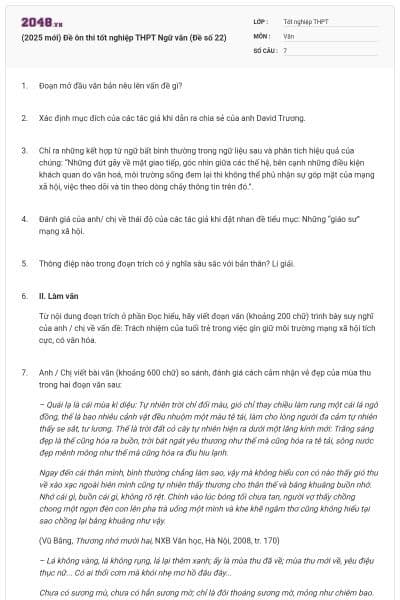 (2025 mới) Đề ôn thi tốt nghiệp THPT Ngữ văn (Đề số 22)