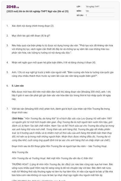 (2025 mới) Đề ôn thi tốt nghiệp THPT Ngữ văn (Đề số 25)