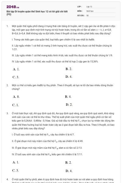 Bài tập Di truyền quần thể Sinh học 12 có lời giải chi tiết (P5)