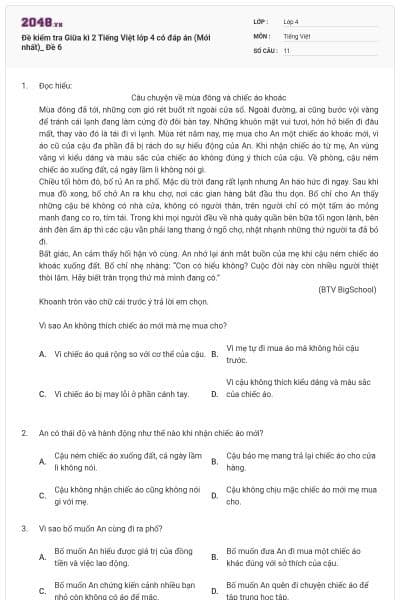 Đề kiểm tra Giữa kì 2 Tiếng Việt lớp 4 có đáp án (Mới nhất)_ Đề 6