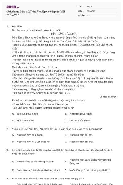 Đề kiểm tra Giữa kì 2 Tiếng Việt lớp 4 có đáp án (Mới nhất)_ Đề 7