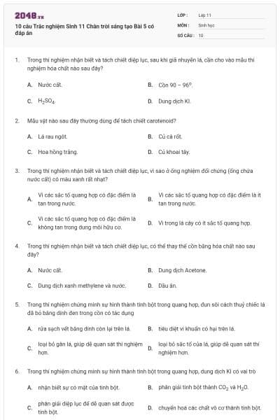 10 câu Trắc nghiệm Sinh 11 Chân trời sáng tạo Bài 5 có đáp án