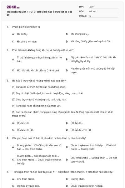 Trắc nghiệm Sinh 11 CTST Bài 6: Hô hấp ở thực vật có đáp án