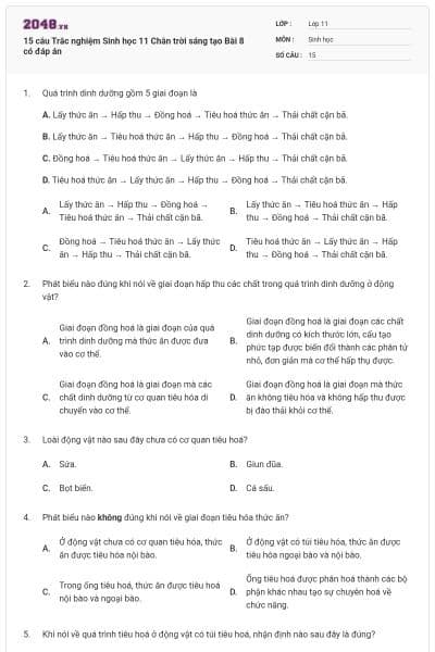 15 câu Trắc nghiệm Sinh học 11 Chân trời sáng tạo Bài 8 có đáp án