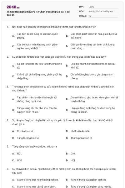 15 Câu trắc nghiệm KTPL 12 Chân trời sáng tạo Bài 1 có đáp án