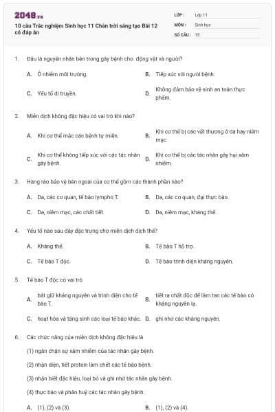 10 câu Trắc nghiệm Sinh học 11 Chân trời sáng tạo Bài 12 có đáp án