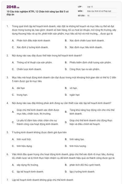 10 Câu trắc nghiệm KTPL 12 Chân trời sáng tạo Bài 5 có đáp án