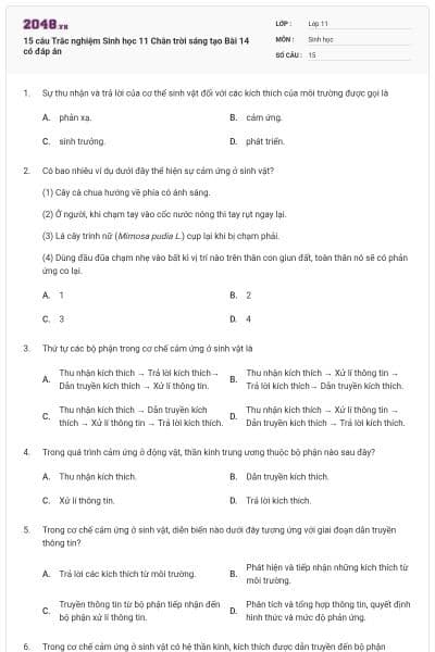 15 câu Trắc nghiệm Sinh học 11 Chân trời sáng tạo Bài 14 có đáp án