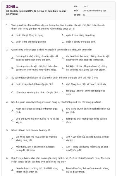 30 Câu trắc nghiệm KTPL 12 Kết nối tri thức Bài 7 có đáp án (Phần 2)