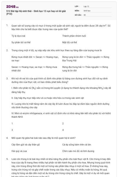 512 Bài tập Hệ sinh thái - Sinh học 12 cực hay có lời giải (P10)