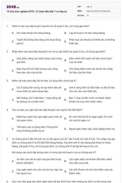 10 Câu trắc nghiệm KTPL 12 Cánh diều Bài 7 có đáp án