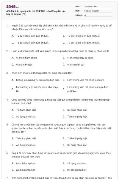400 Bài trắc nghiệm thi thử THPTQG môn Công dân cực hay có lời giải (P3)