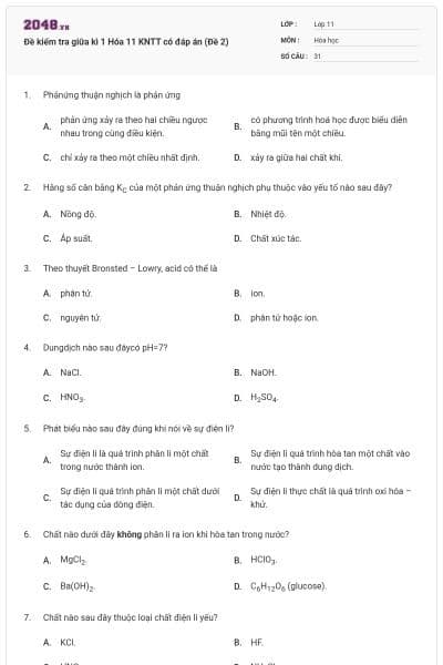 Đề kiểm tra giữa kì 1 Hóa 11 KNTT có đáp án (Đề 2)