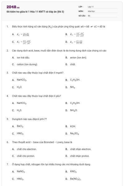 Đề kiểm tra giữa kì 1 Hóa 11 KNTT có đáp án (Đề 3)