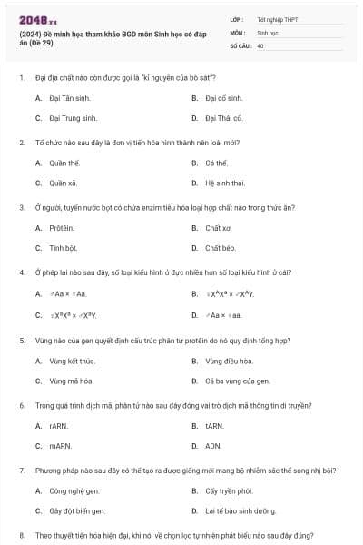 (2024) Đề minh họa tham khảo BGD môn Sinh học có đáp án (Đề 29)