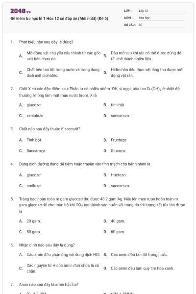 Đề kiểm tra học kì 1 Hóa 12 có đáp án (Mới nhất) (Đề 5)