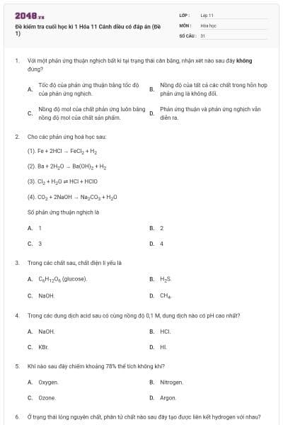 Đề kiểm tra cuối học kì 1 Hóa 11 Cánh diều có đáp án (Đề 1)