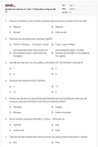 Đề kiểm tra cuối học kì 1 Hóa 11 Cánh diều có đáp án (Đề 2)