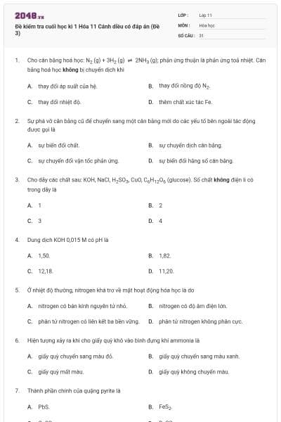 Đề kiểm tra cuối học kì 1 Hóa 11 Cánh diều có đáp án (Đề 3)