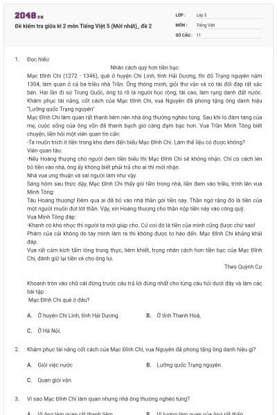 Đề kiểm tra giữa kì 2 môn Tiếng Việt 5 (Mới nhất)_ đề 2