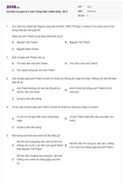 Đề kiểm tra giữa kì 2 môn Tiếng Việt 5 (Mới nhất)_ đề 5