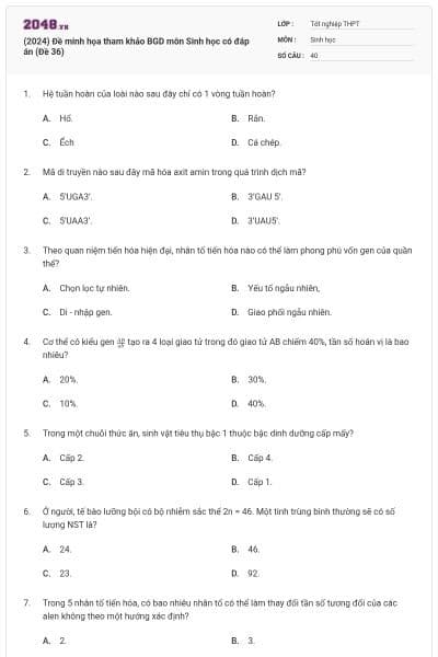 (2024) Đề minh họa tham khảo BGD môn Sinh học có đáp án (Đề 36)