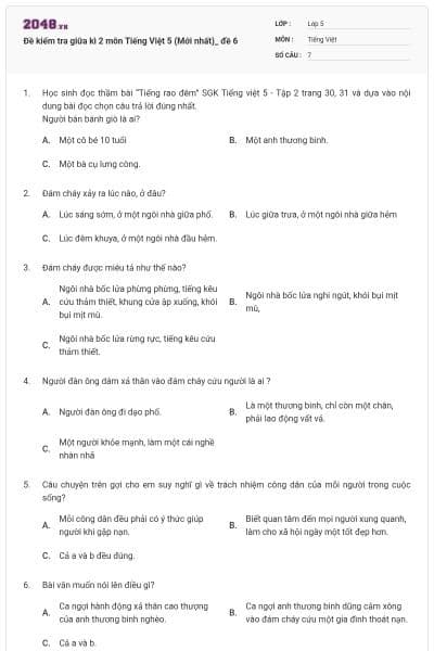 Đề kiểm tra giữa kì 2 môn Tiếng Việt 5 (Mới nhất)_ đề 6