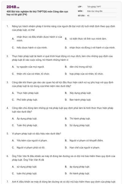 400 Bài trắc nghiệm thi thử THPTQG môn Công dân cực hay có lời giải (P4)