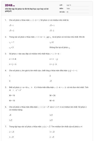 253 Bài tập Số phức từ đề thi Đại học cực hay có lời giải(p3)
