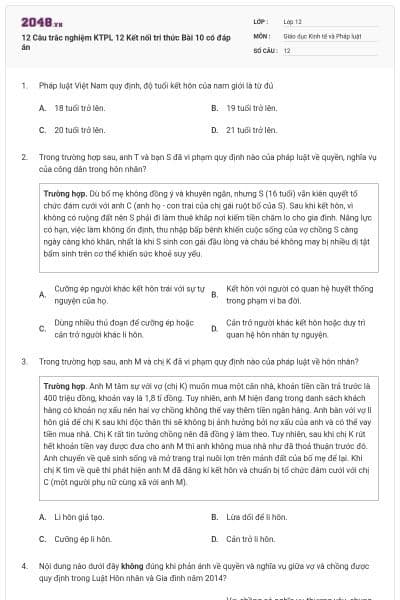 12 Câu trắc nghiệm KTPL 12 Kết nối tri thức Bài 10 có đáp án