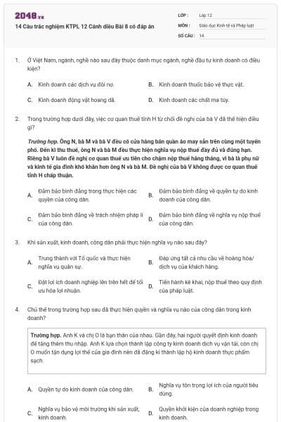 14 Câu trắc nghiệm KTPL 12 Cánh diều Bài 8 có đáp án