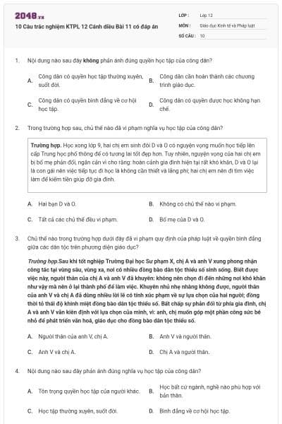 10 Câu trắc nghiệm KTPL 12 Cánh diều Bài 11 có đáp án