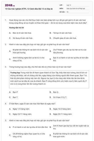 10 Câu trắc nghiệm KTPL 12 Cánh diều Bài 13 có đáp án