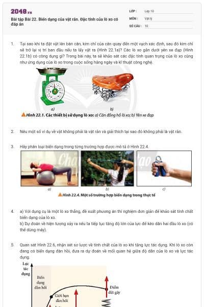 Bài tập Bài 22. Biến dạng của vật rắn. Đặc tính của lò xo có đáp án