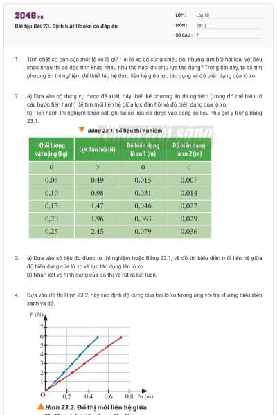 Bài tập Bài 23. Định luật Hooke có đáp án