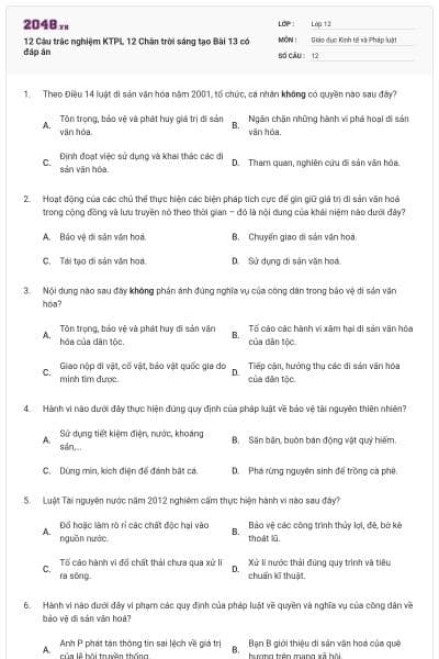 12 Câu trắc nghiệm KTPL 12 Chân trời sáng tạo Bài 13 có đáp án