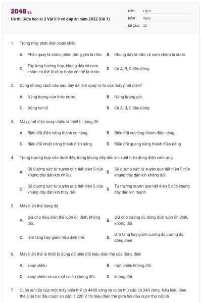 Đề thi Giữa học kì 2 Vật lí 9 có đáp án năm 2022 (Đề 1)
