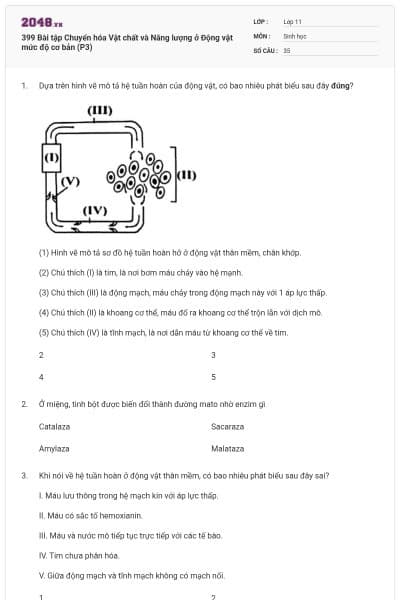 399  Bài tập Chuyển hóa Vật chất và Năng lượng ở Động vật mức độ cơ bản (P3)