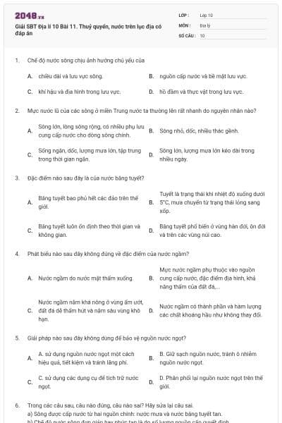 Giải SBT Địa lí 10 Bài 11. Thuỷ quyển, nước trên lục địa có đáp án